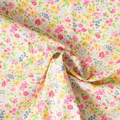 Tissu Voile de Coton digital imprimé Jardin en Fleurs sur fond Ivoire - Par 10 cm