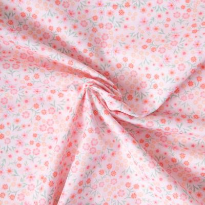 Tissu Voile de Coton digital imprimé Douce prairie sur fond Rose pastel - Par 10 cm