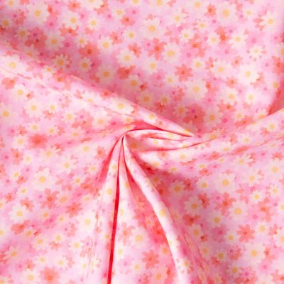 Tissu Popeline de Coton légère Petites marguerites jaunes et roses sur fond Rose clair - Par 10 cm