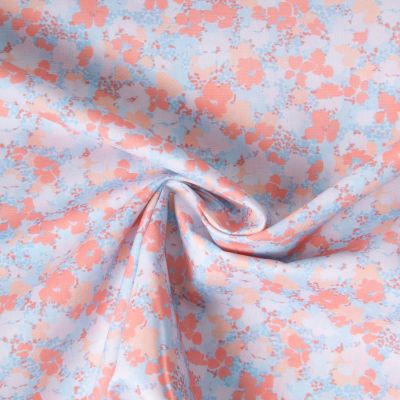 Tissu Popeline de Coton légère Fleurs bleu pastel et corail sur fond Bleu ciel - Par 10 cm