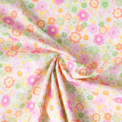 Tissu Popeline de Coton légère fleurs pastel sur fond Blanc - Par 10 cm