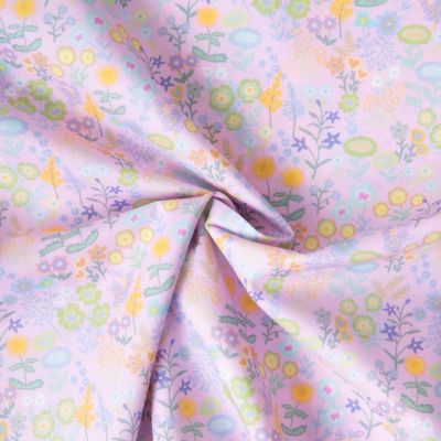 Tissu Popeline de Coton légère Petites fleurs et feuilles aquarelle pastel sur fond Rose clair - Par 10 cm
