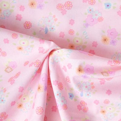 Tissu Popeline de Coton légère Petites fleurs multicolores sur fond Rose clair - Par 10 cm