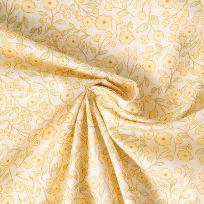 Tissu Popeline de Coton légère Floral printanier sur fond Jaune pastel - Par 10 cm