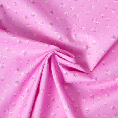 Tissu Popeline de Coton légère  Petites fleurs roses pales et jaune pastel sur fond Rose bonbon - Par 10 cm