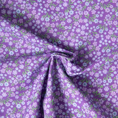 Tissu Voile de Coton digital imprimé Lavande fleurie sur fond Violet - Par 10 cm
