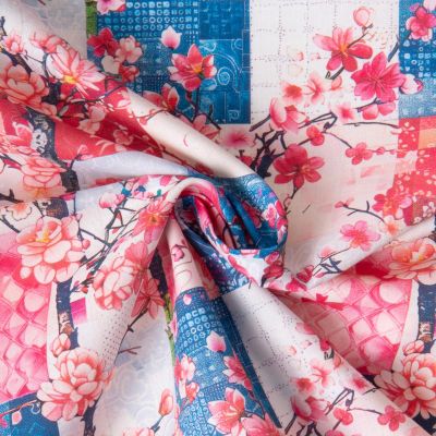 Tissu Coton imprimé Carreaux Bleu et Rose fleurs japonaise sur fond Blanc cassé - Par 10 cm
