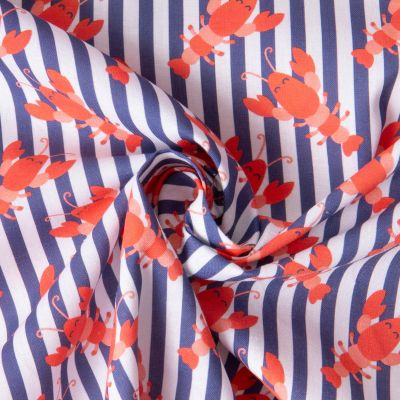 Tissu Coton imprimé rayé Bleu Happy Homard sur fond Blanc - Par 10 cm