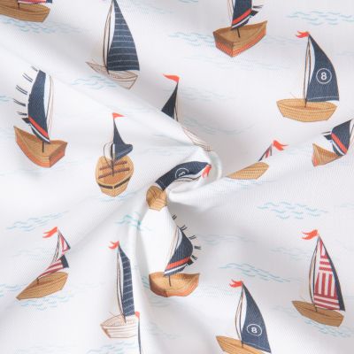 Tissu Coton Sergé d&#039;ameublement Voiles voiliers sur fond Blanc - Par 10 cm