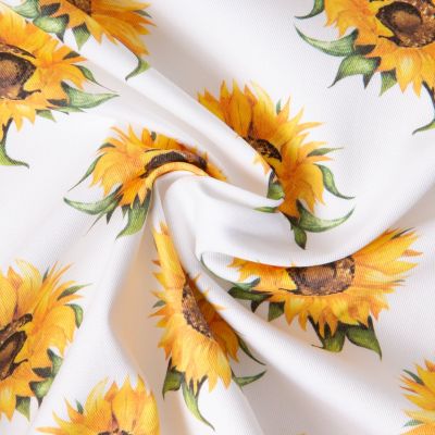 Tissu Coton Sergé d&#039;ameublement Tournesols Yellow sur fond Blanc - Par 10 cm