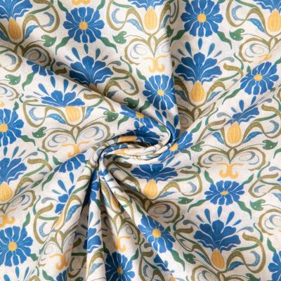 Tissu Batiste de Coton Ava fleurs rétro Bleu sur fond Blanc cassé - Par 10 cm