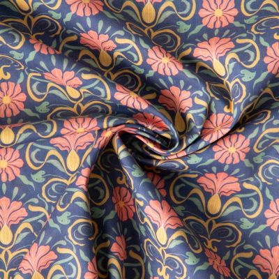 Tissu Batiste de Coton Ava fleurs rétro Corail sur fond Bleu gris - Par 10 cm