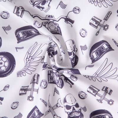 Tissu Coton imprimé Esprit Biker sur fond Blanc - Par 10 cm