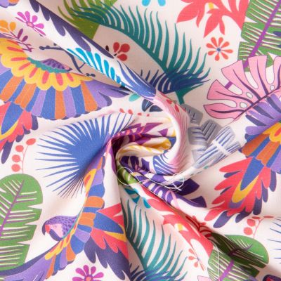 Tissu Coton imprimé Jungle Exotique sur fond Blanc - Par 10 cm