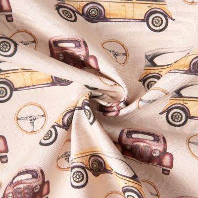 Tissu Toile de Coton rétromobile sur fond Beige - Par 10 cm
