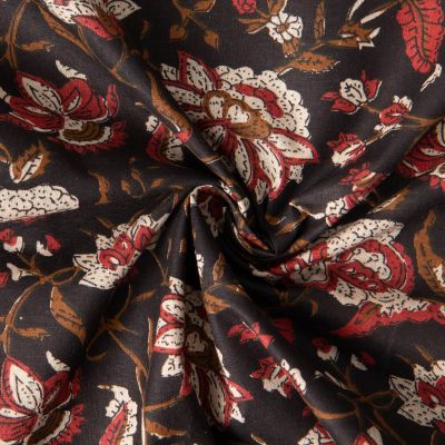 Tissu Voile de Coton indien Block print Fleuris rouge sur fond Noir - Par 10 cm