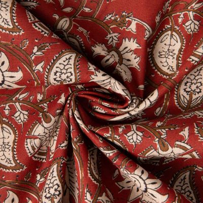 Tissu Voile de Coton indien Block print Leela floral sur fond Terracotta - Par 10 cm