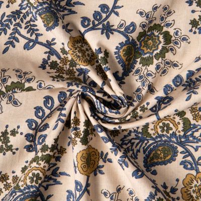 Tissu Voile de Coton indien Block print Fleuris sur fond Crème - Par 10 cm