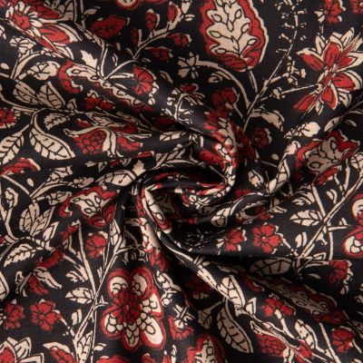 Tissu Voile de Coton indien Block print Tara floral sur fond Noir - Par 10 cm