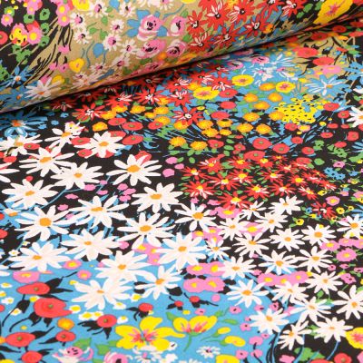 Tissu Viscose Arty Alicia sur fond Noir - Par 10 cm