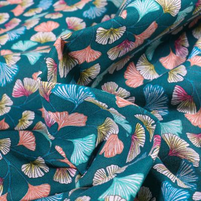 Tissu Coton imprimé  Arty Gingko multicolore sur fond Bleu pétrole - Par 10 cm