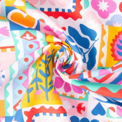 Tissu Coton imprimé Arty Bimba multicolore sur fond Blanc - Par 10 cm