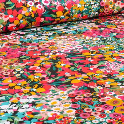 Tissu Viscose Camomille sur fond Rose fuchsia - Par 10 cm