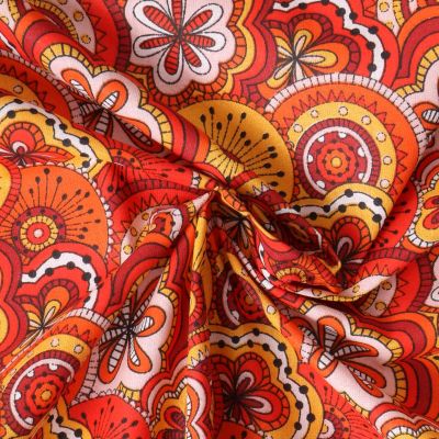 Tissu Popeline de Coton  Eugénie mandala floral Jaune sur fond Rouge - Par 10 cm