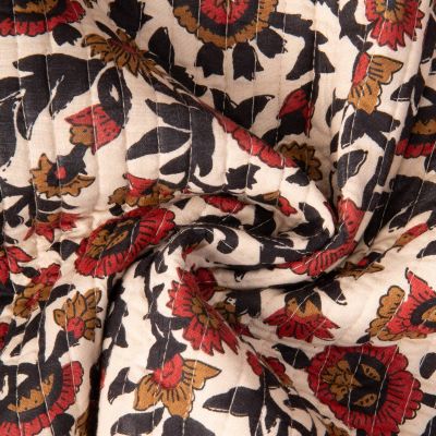 Tissu Coton Matelassé réversible Block print Indien Delhi sur fond Beige - Par 10 cm