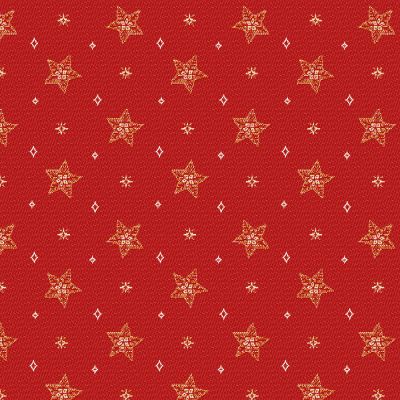 Tissu Jacquard d&#039;ameublement Etoiles de noël Lurex sur fond Rouge - Par 10 cm