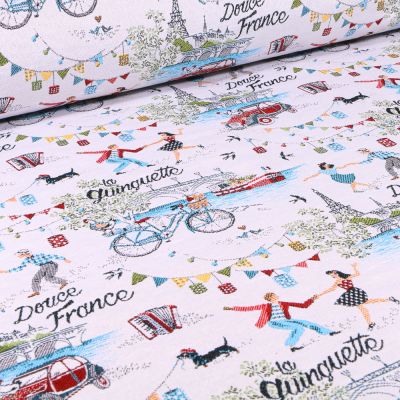 Tissu Jacquard Douce France Guinguette sur fond Blanc - Par 10 cm