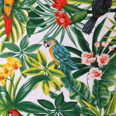 Tissu Toile de coton Grande Laize Exotique Multicolore sur fond Blanc - Par 10 cm