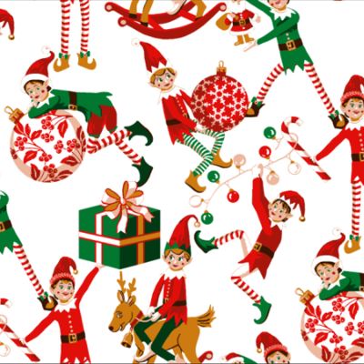 Tissu Coton imprimé Lutin de Noël sur fond Blanc - Par 10 cm