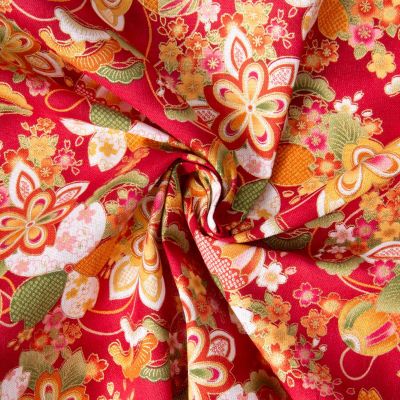 Tissu Coton imprimé  lurex Arty Japan flower sur fond Rouge - Par 10 cm