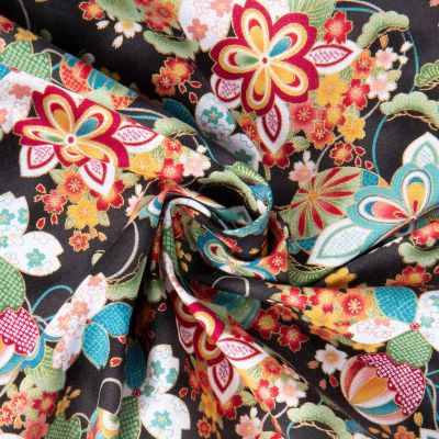 Tissu Coton imprimé Foil Arty fleurs du Japon sur fond Noir - Par 10 cm