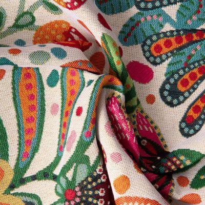 Tissu Jacquard d&#039;ameublement floral décoratif sur fond Ecru - Par 10 cm