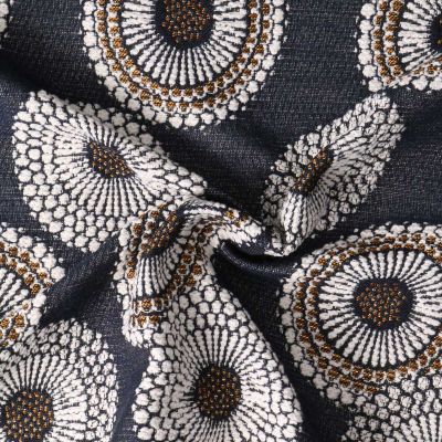 Tissu Jacquard Jojoba sur fond Bleu marine - Par 10 cm
