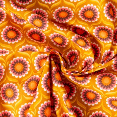 Tissu Coton imprimé Arty Soleil fleuris sur fond Ocre - Par 10 cm