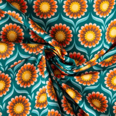 Tissu Coton imprimé Arty Soleil fleuris sur fond Bleu canard - Par 10 cm