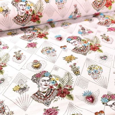 Tissu Toile jacquard Frida Khalo sur fond Blanc - Par 10 cm