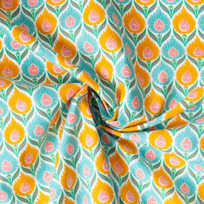 Tissu  Coton imprimé Arty Luka jaune sur fond Vert menthe - Par 10 cm