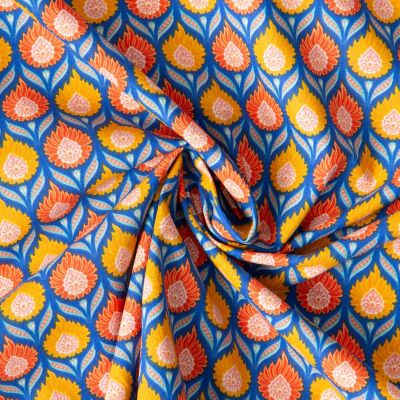 Tissu  Coton imprimé Arty Luka jaune orangé sur fond Bleu roi - Par 10 cm