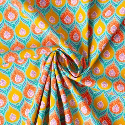 Tissu  Coton imprimé Arty Luka orange sur fond Vert jade - Par 10 cm