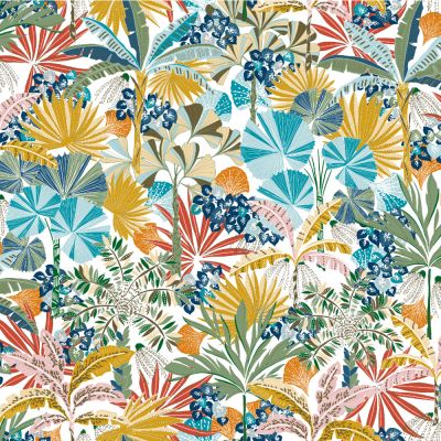 Tissu Toile aspect Canvas déperlant Magelan fleuris sur fond Blanc - Par 10 cm