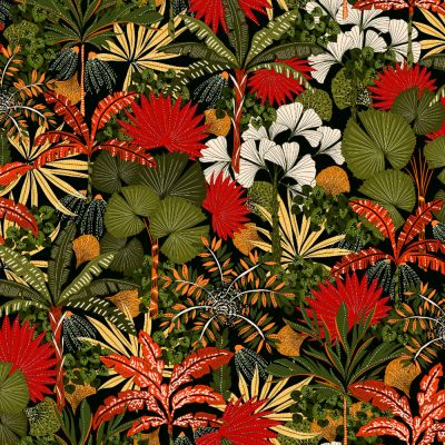Tissu Toile aspect Canvas déperlant Magelan fleuris sur fond Noir - Par 10 cm