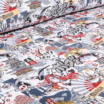 Tissu Jacquard Manga bleu rouge sur fond Blanc - Par 10 cm