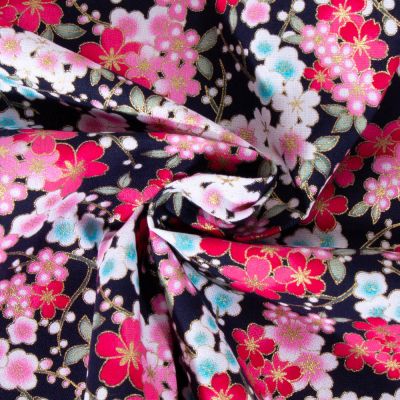 Tissu Coton imprimé Arty Fleurs roses et dorées sur fond Noir - Par 10 cm