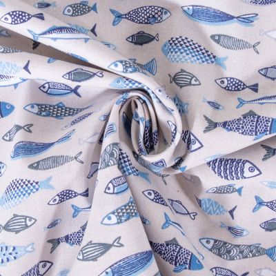 Tissu Coton imprimé Arty Poissons bleus et blancs sur fond Gris - Par 10 cm