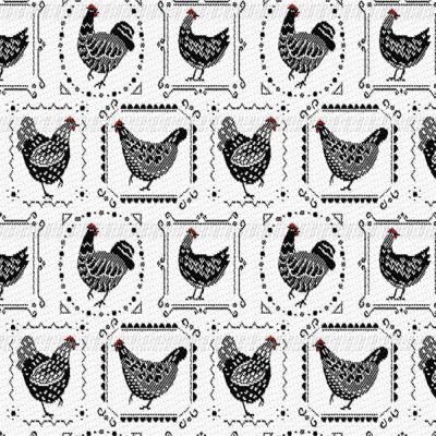 Tissu Jacquard Poules Noir sur fond Blanc - Par 10 cm