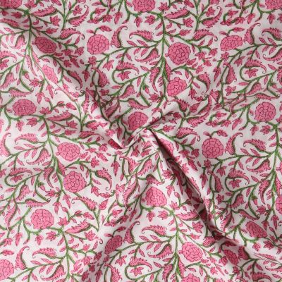 Tissu Voile de Coton Taj Mahal fleurs Roses sur fond Blanc - Par 10 cm